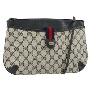 Authentic GUCCI GG Canvas Sherry Line Shoulder Bag PVC Leather Navy Red